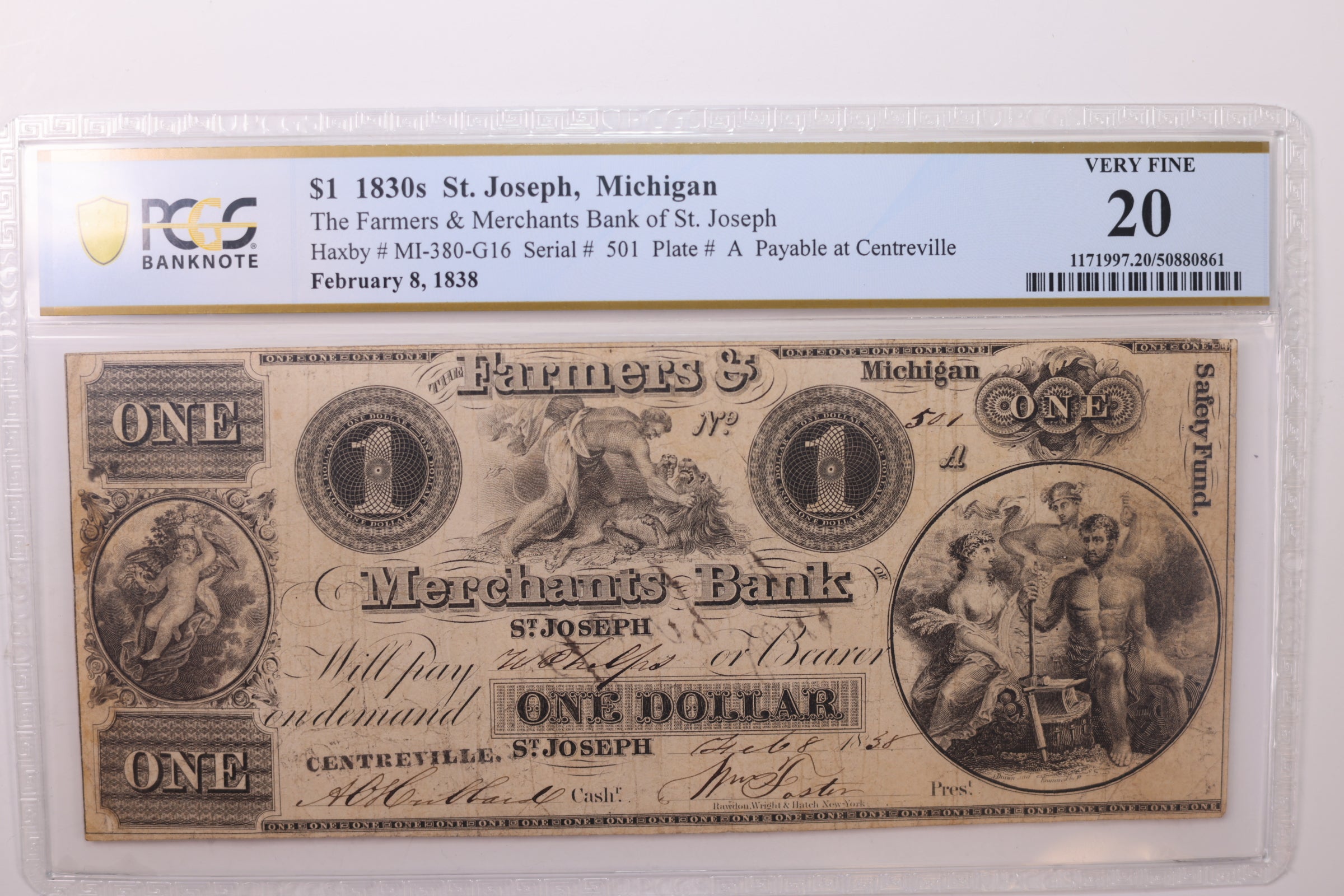 1838 $1., St Joseph, MI., Obsolete Currency., PCGS VF-20., STORE #GMI040