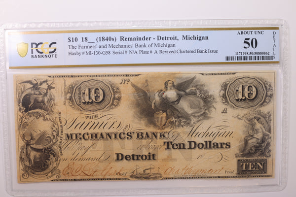 18__ $10., Remainder, Detroit, MI., Obsolete Currency., PCGS AU-50., STORE #GMI041