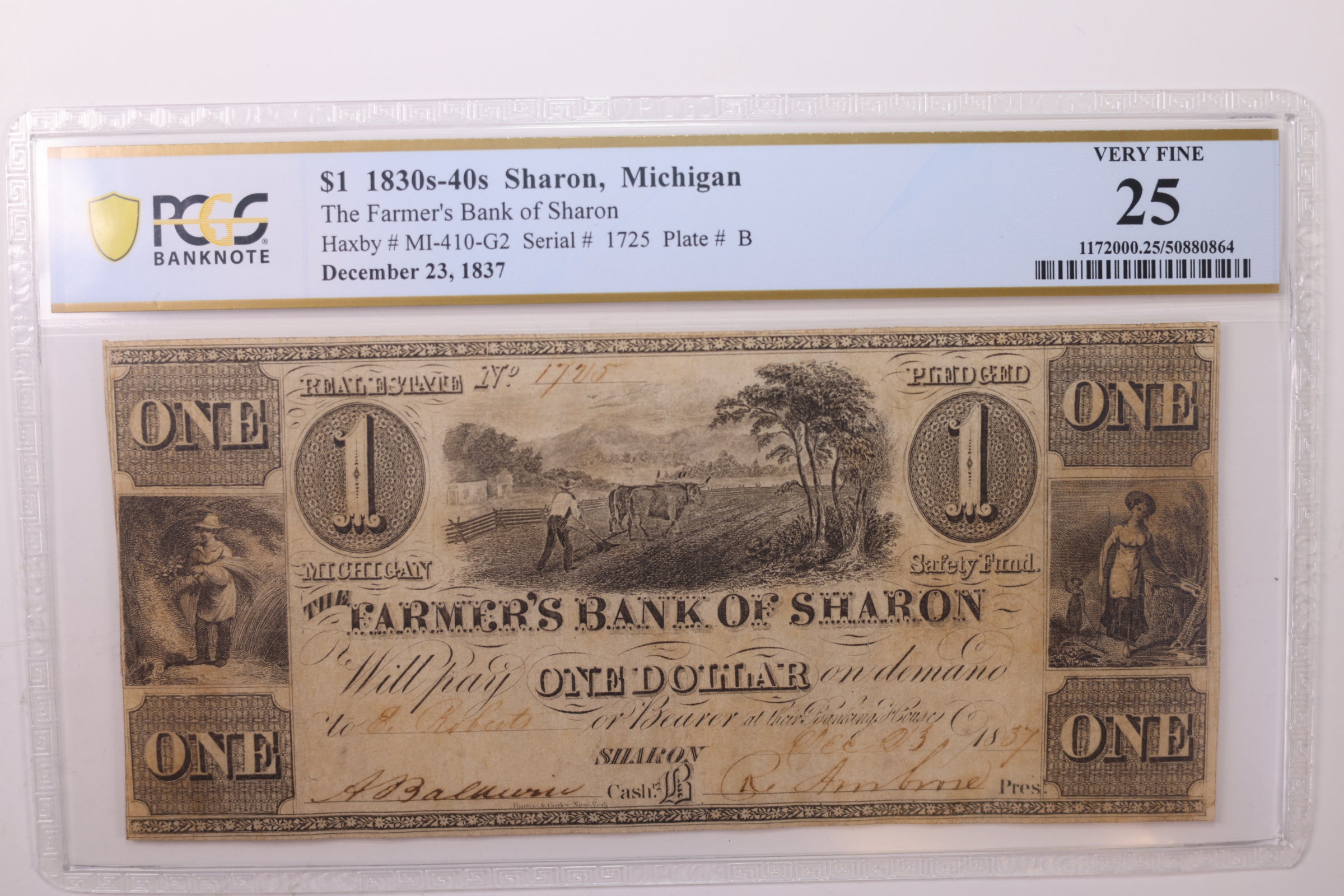 1857 $1., SHARON, MI., Obsolete Currency., PCGS VF-25., STORE #GMI043