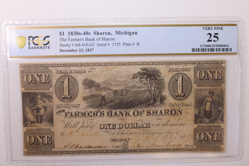 1857 $1., SHARON, MI., Obsolete Currency., PCGS VF-25., STORE