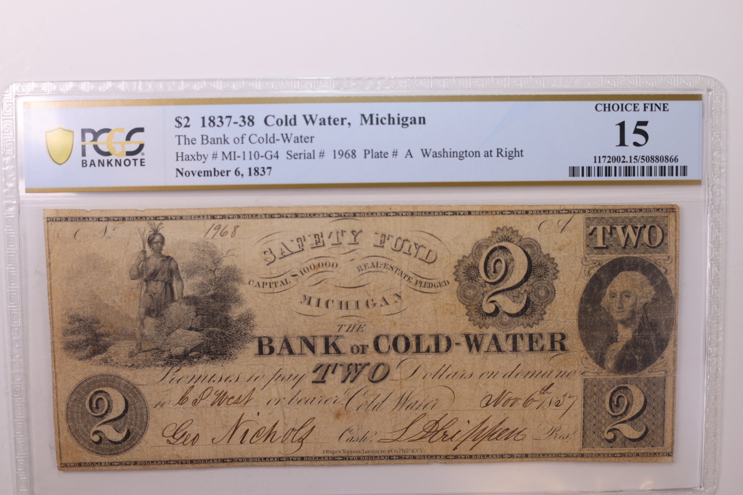 1837 $2., COLD WATER, MI, Obsolete Currency., PCGS F-15., STORE #GMI045
