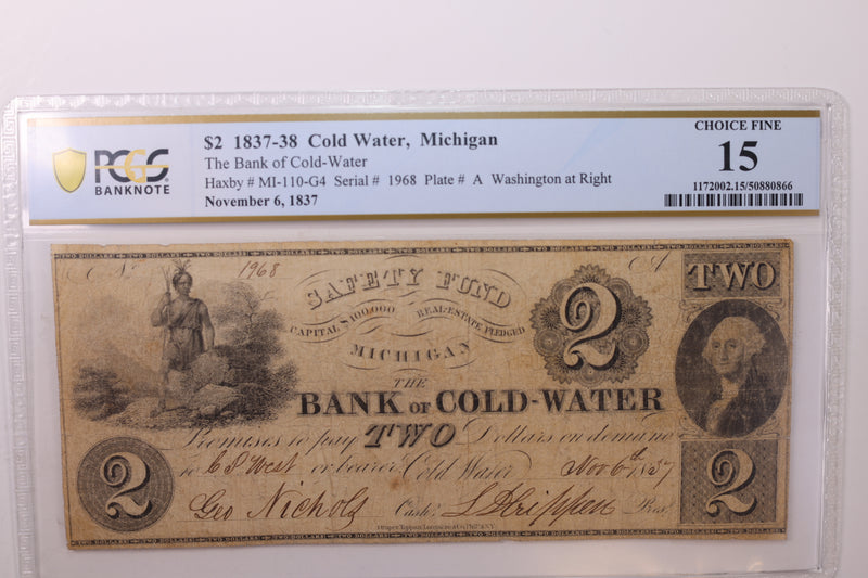 1837 $2., COLD WATER, MI, Obsolete Currency., PCGS F-15., STORE