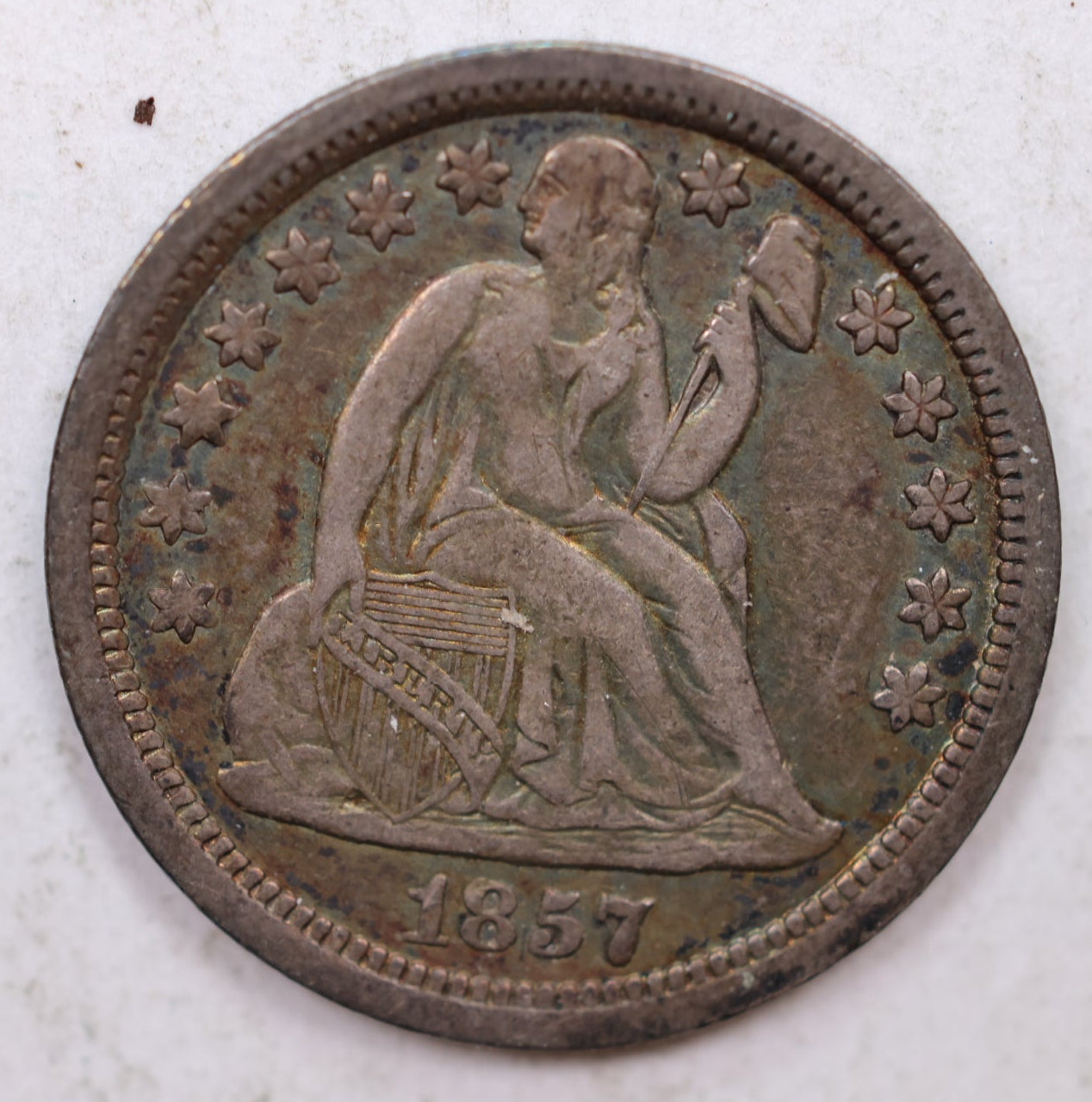 1857 Seated Liberty Dime, About Uncirculated Coin, Store Sale #DE708.