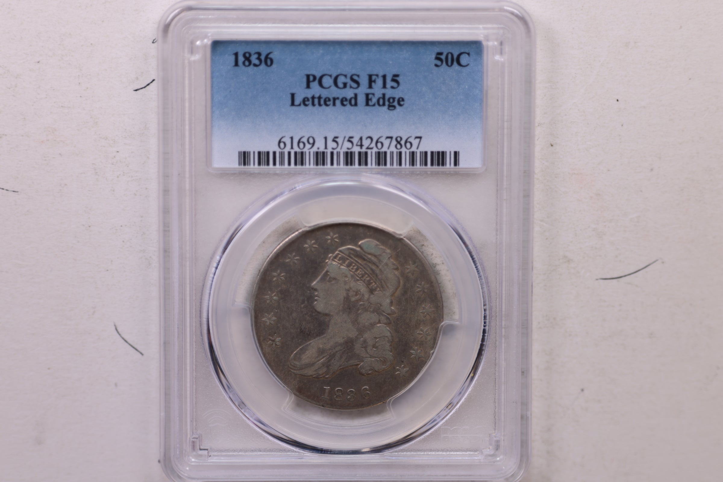 1836 Cap Bust Silver Half Dollar, PCGS F-15, Lettered Edge. Store #GHR107.