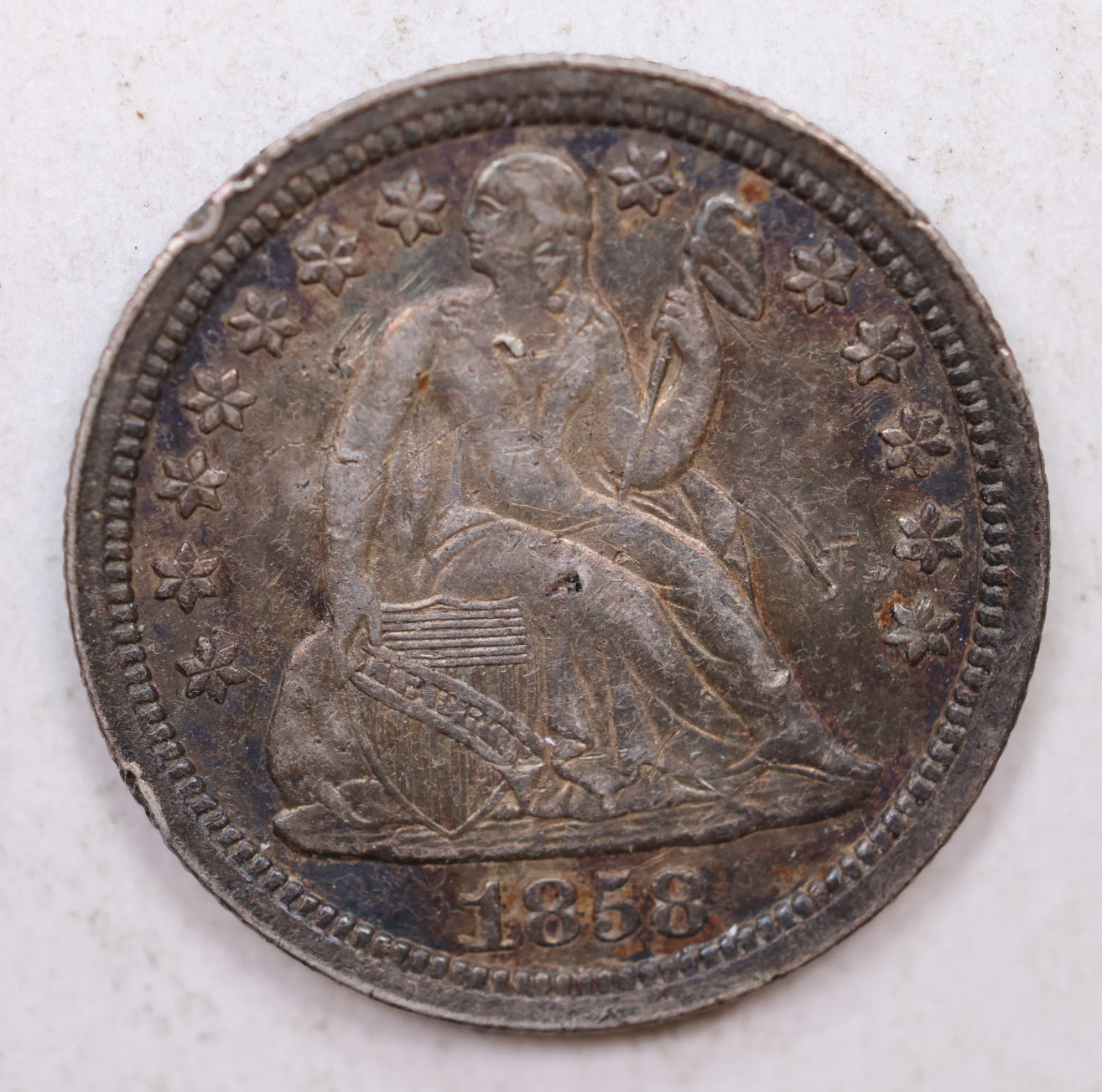 1858 Seated Liberty Dime, Collectible Circulated Coin, Store Sale #DE710.
