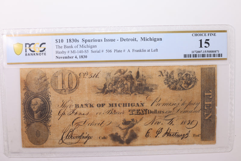 1830 $10., Detroit, MI., Obsolete Currency., Spurious Issue., PCGS F-15., STORE