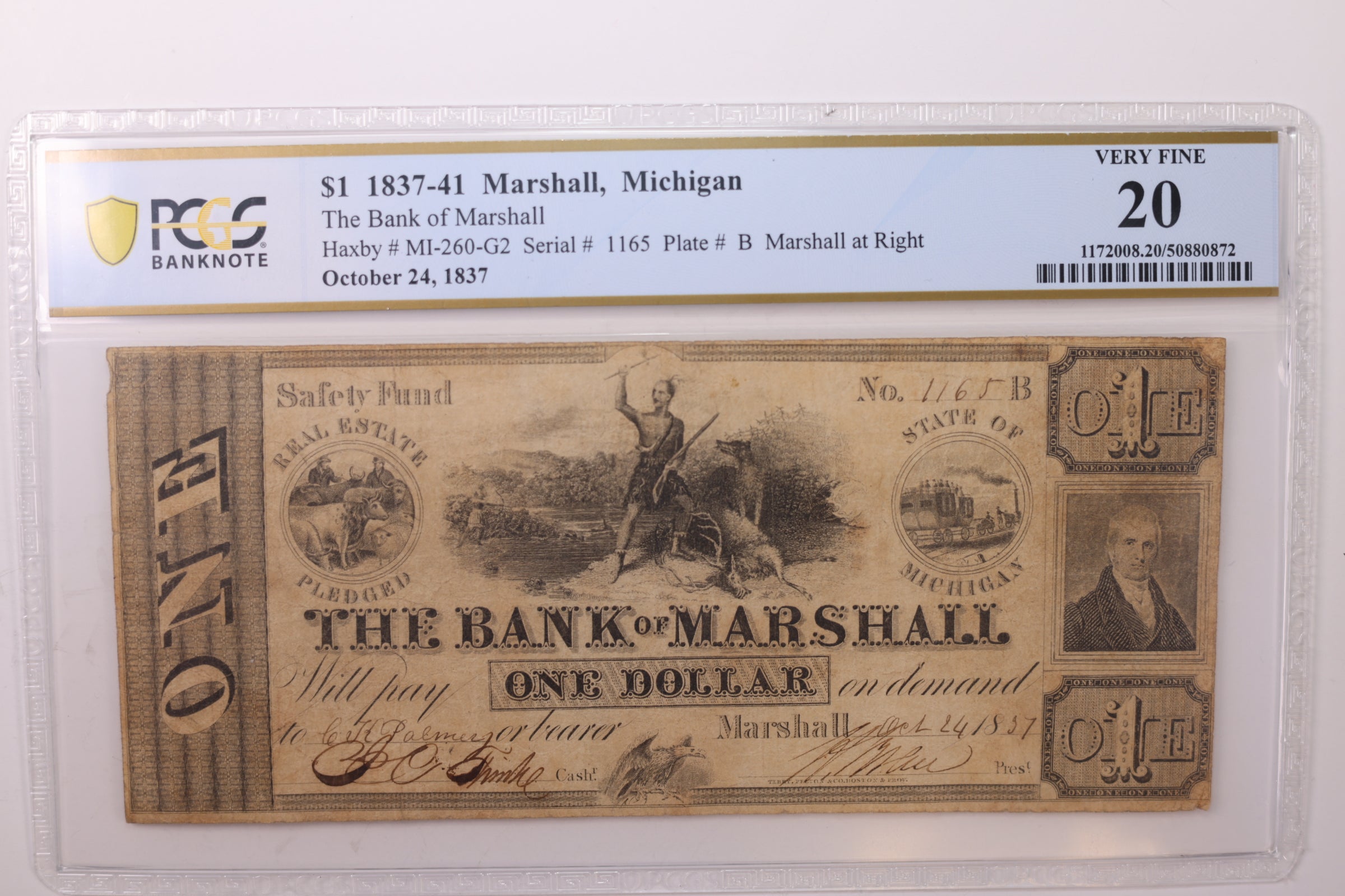 1837 $1., Marshall, MI., Obsolete Currency., PCGS F-15., STORE #GMI051