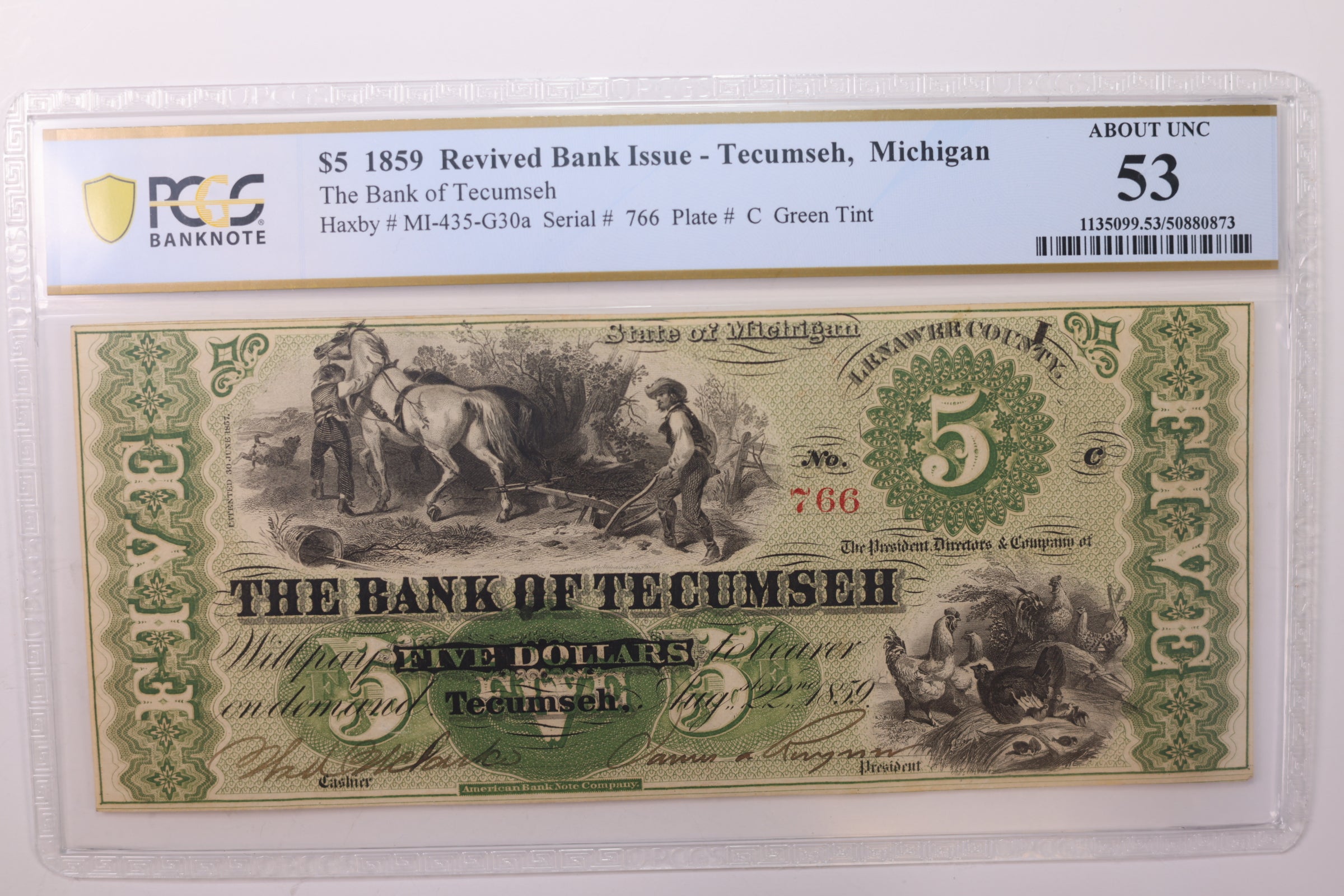 1859 $5, TECUMSEH, MI., Obsolete Currency., PCGS AU-53., STORE #GMI052