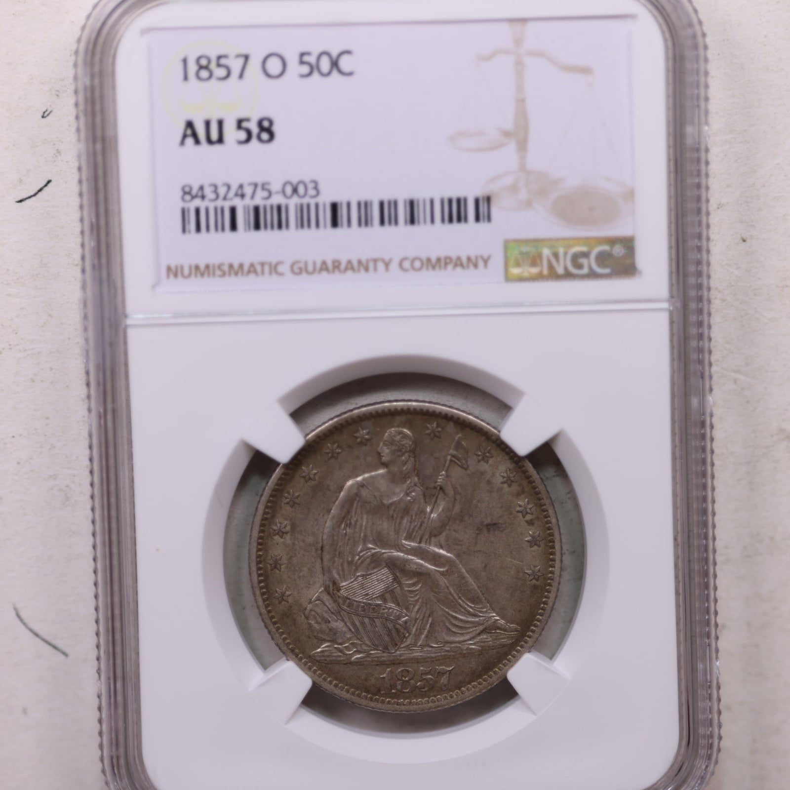 1857-O Seated Liberty Half Dollar, Nice Eye Appeal Coin, NGC AU-58. Store #GHR110.