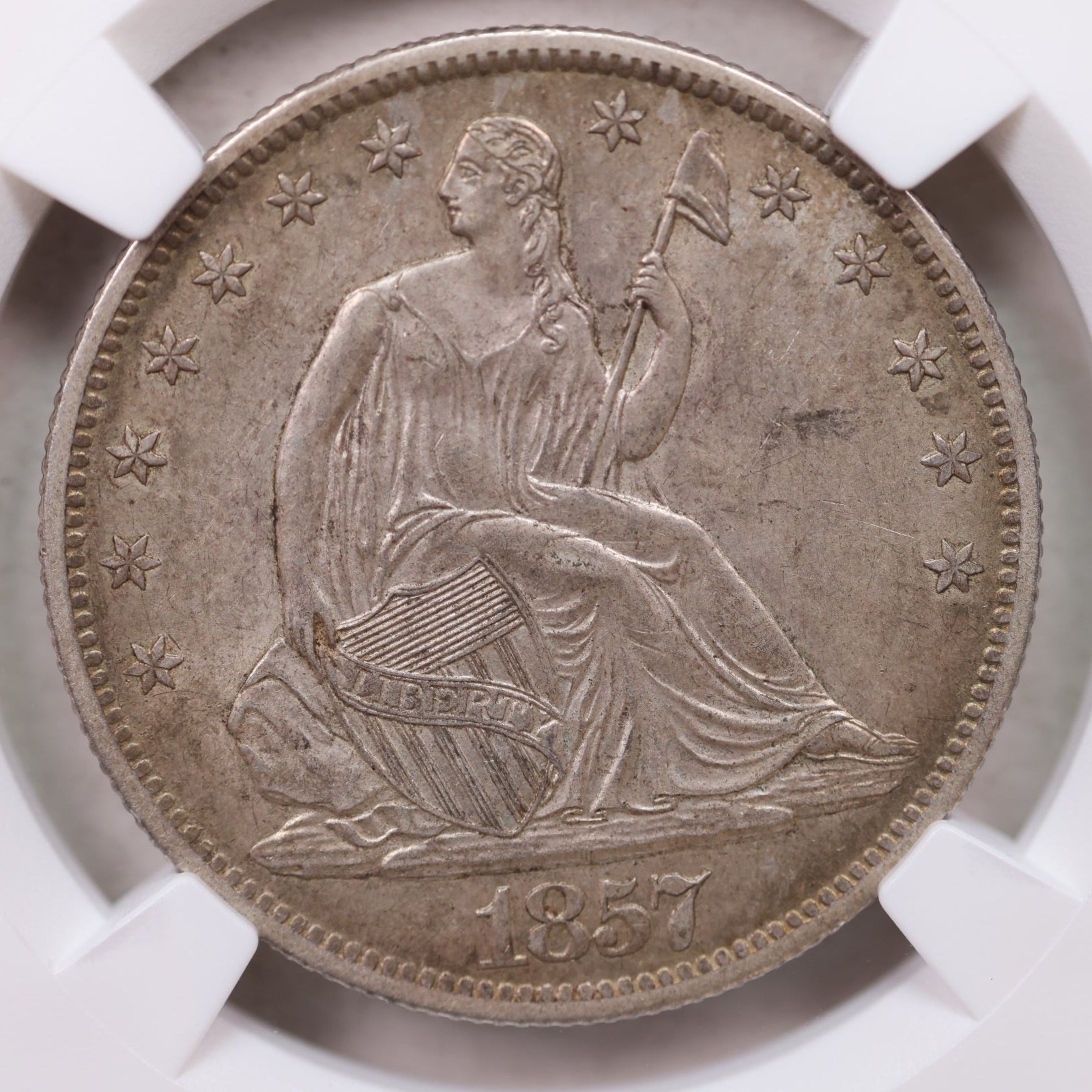 1857-O Seated Liberty Half Dollar, Nice Eye Appeal Coin, NGC AU-58. Store #GHR110.