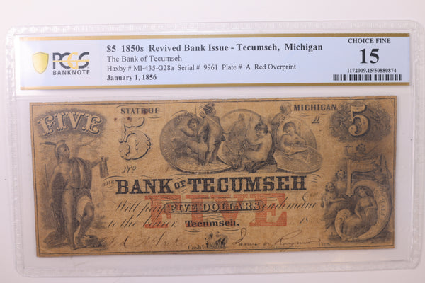 1856 $5, TECUMSEH, MI., Obsolete Currency., PCGS F-15., STORE #GMI053