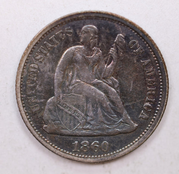 1860 Seated Liberty Dime, Collectible Circulated Coin, Store Sale #DE717.