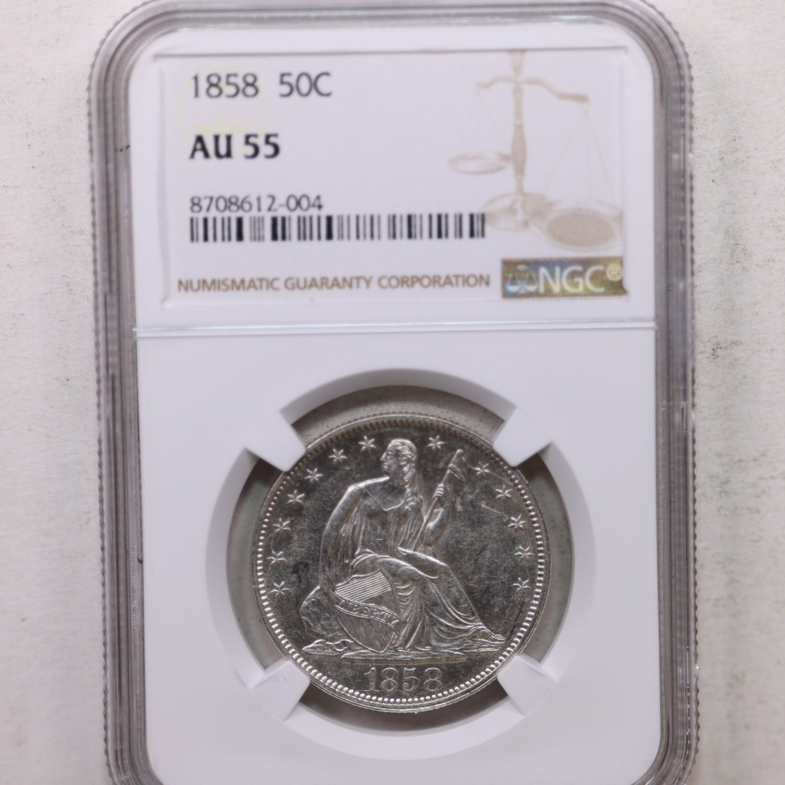 1858 Seated Liberty Half Dollar, Nice Eye Appeal Coin, NGC AU-55. Store #GHR111.