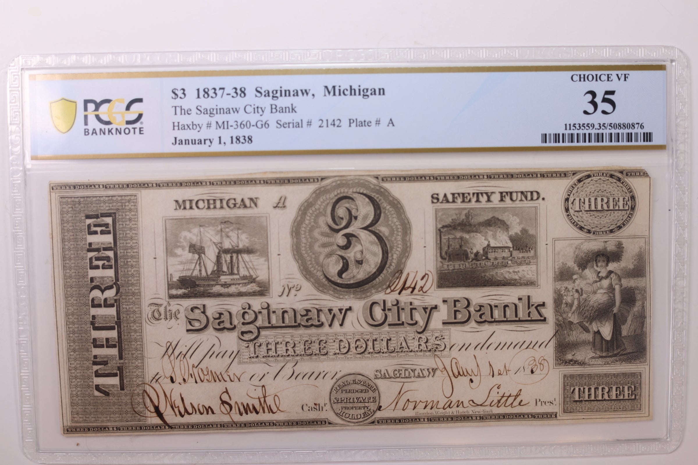 1838 $3, Saginaw MI., Obsolete Currency., PCGS VF-35., STORE #GMI055