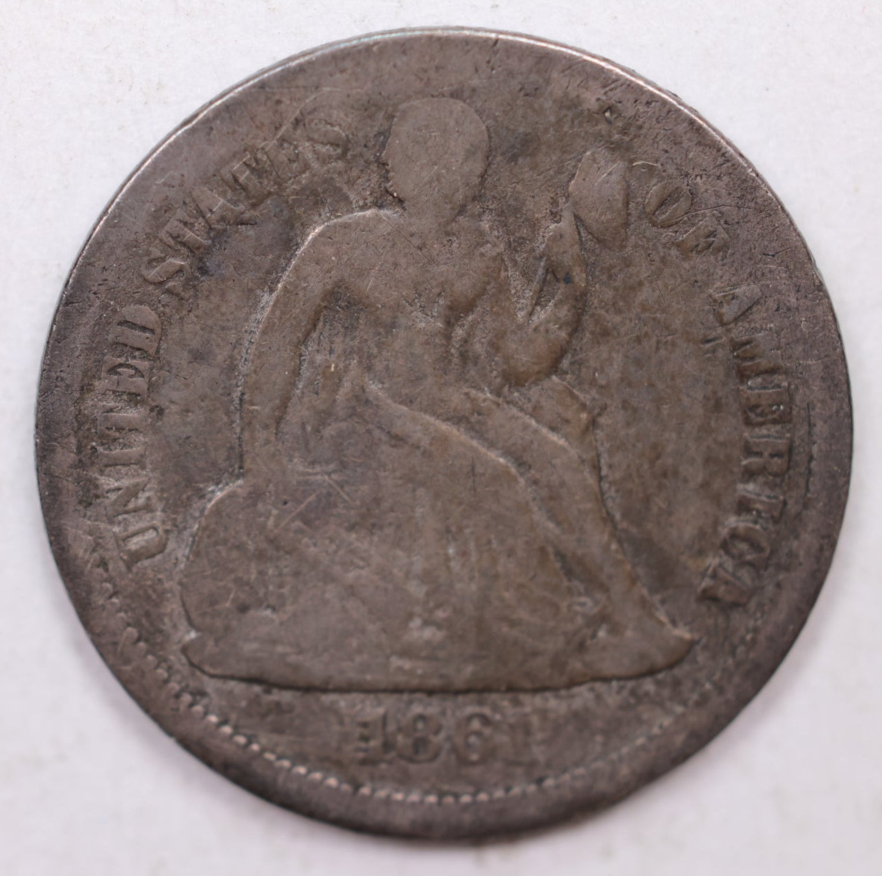 1861 Seated Liberty Dime, Collectible Circulated Coin, Store Sale #DE719.