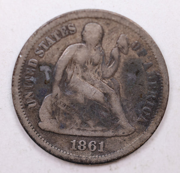 1861-S Seated Liberty Dime, Collectible Circulated Coin, Store Sale #DE720.