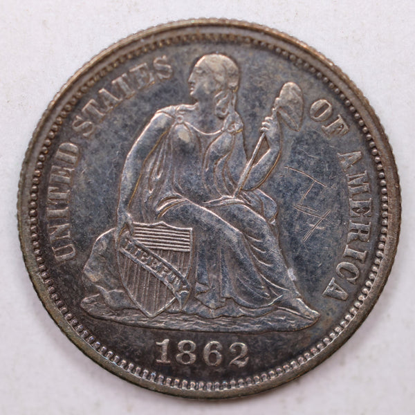 1862 Seated Liberty Dime, Uncirculated Details, Coin, Store Sale #DE721.