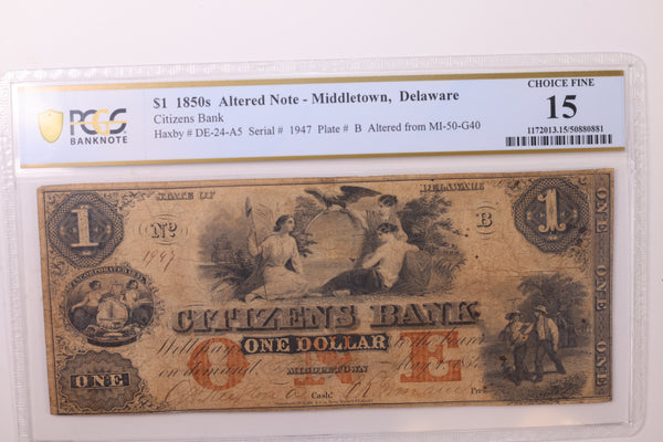 1854 $1., Middletown, DE., Altered MICH, Obsolete Currency., PCGS F-15., STORE #GMI060