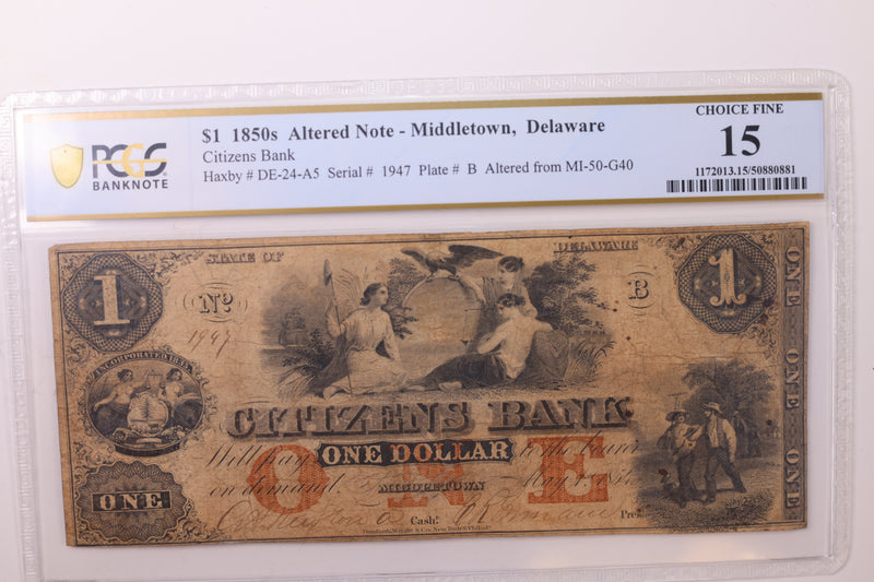 1854 $1., Middletown, DE., Altered MICH, Obsolete Currency., PCGS F-15., STORE