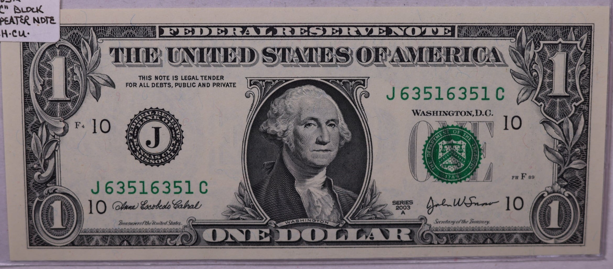 2003 A, $1., F.R.N., Repeater Serial Nr., Crisp Uncirculated., Store #0730