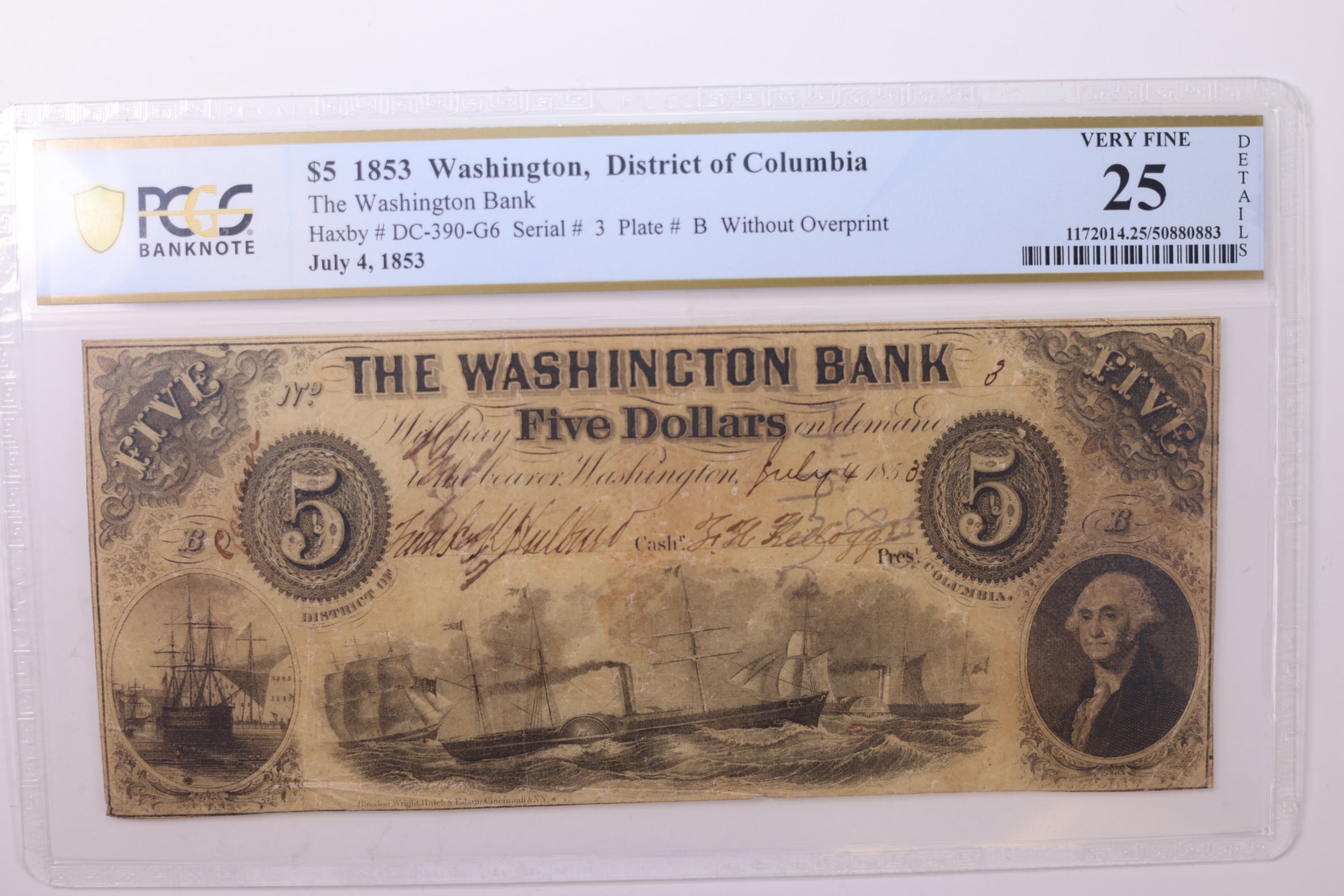 1853 $5., Washington, D.C., Obsolete Currency., PCGS VF-25., STORE #GDC014