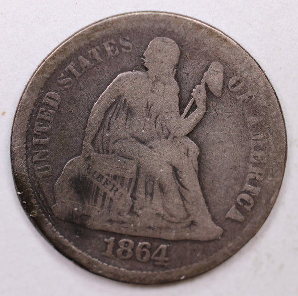 1864 Seated Liberty Dime, Collectible Circulated Coin, Store Sale #DE725.