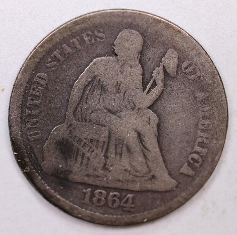 1864 Seated Liberty Dime, Collectible Circulated Coin, Store Sale