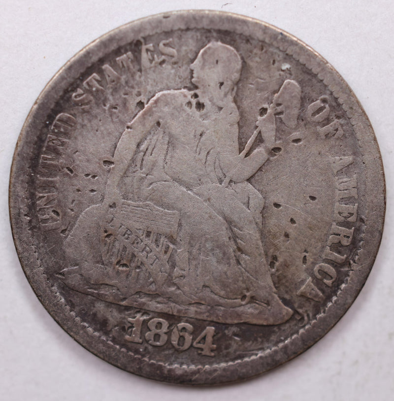 1864-S Seated Liberty Dime, Collectible Circulated Details Coin, Store Sale