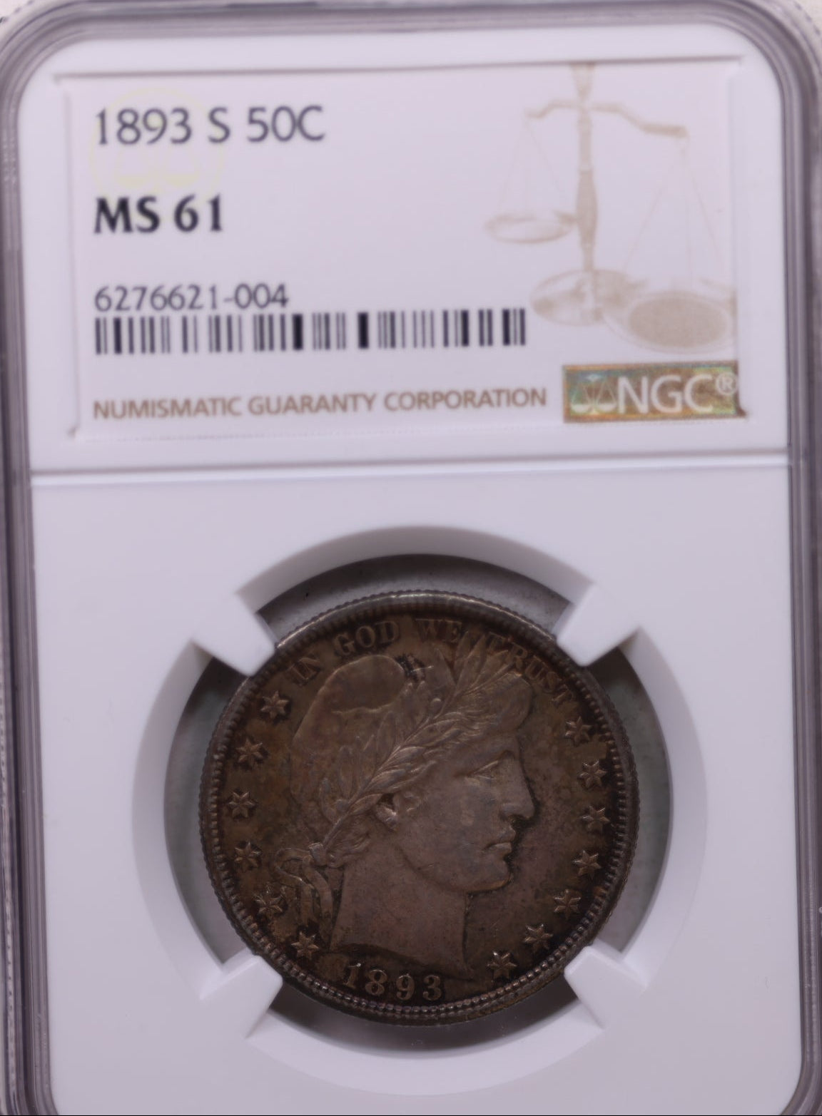 1893-S Barber Silver Half Dollar, Nice Toned Coin, NGC MS-61. Store Sale #GHR116.