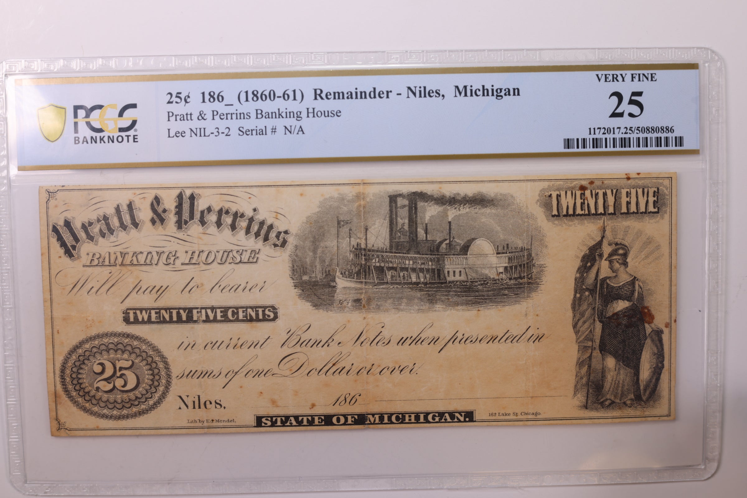18__ 25 Cents., Niles, MI., Obsolete Currency., PCGS VF-25., STORE #GMI063