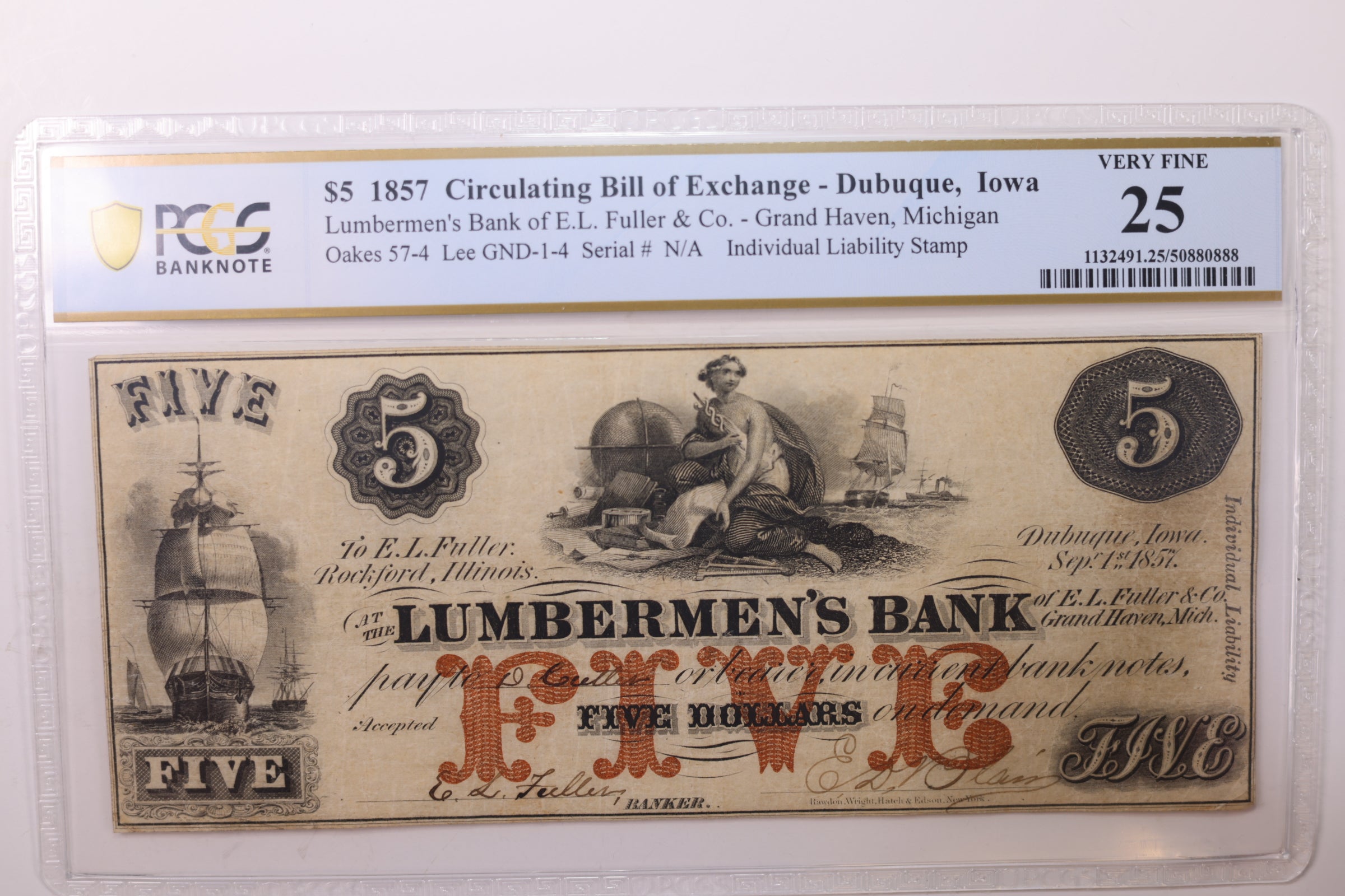 1857 $5., Dubuque, IA., Grand Haven, MI., Obsolete Currency., PCGS VF-25., STORE #GMI065