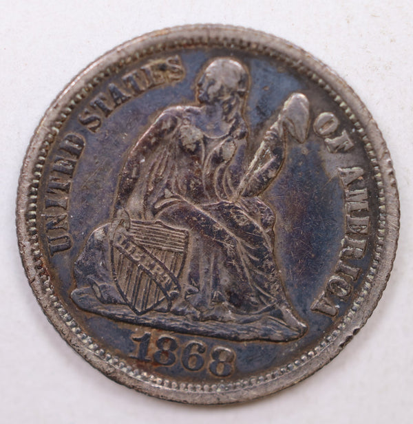 1868 Seated Liberty Dime, Collectible Circulated Coin, Store Sale #DE731.
