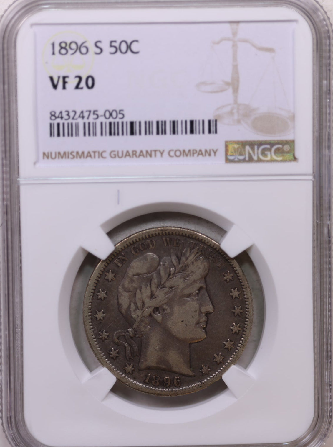 1896-S Barber Silver Half Dollar, Circulated Coin, NGC VF-20. Store Sale #GHR118.