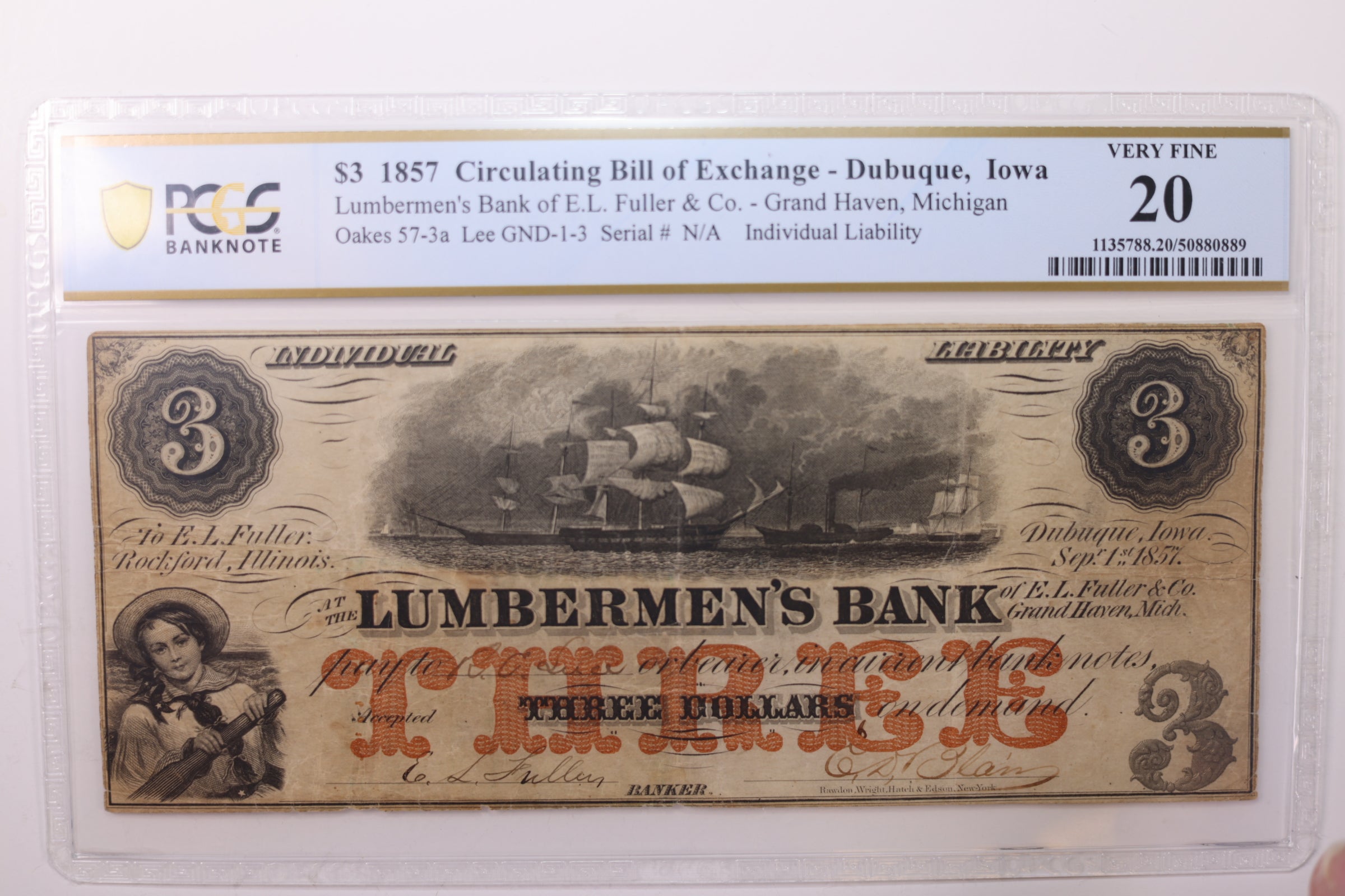 1857 $3., Dubuque, IA., Grand Haven, MI., Obsolete Currency., PCGS VF-20., STORE #GMI066