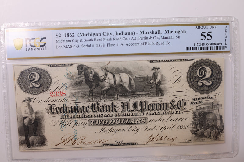 1862 $2., Marshall, MI., (MICH City, IN)., Obsolete Currency., PCGS AU-55., STORE