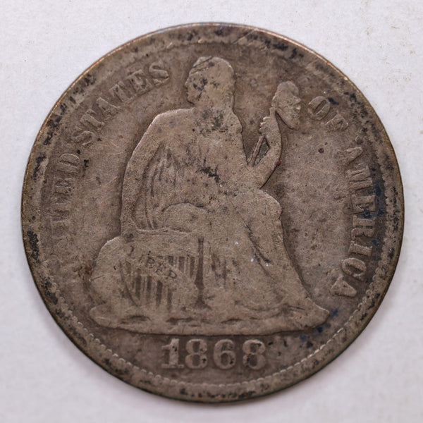 1868-S Seated Liberty Dime, Collectible Circulated Coin, Store Sale #DE732.