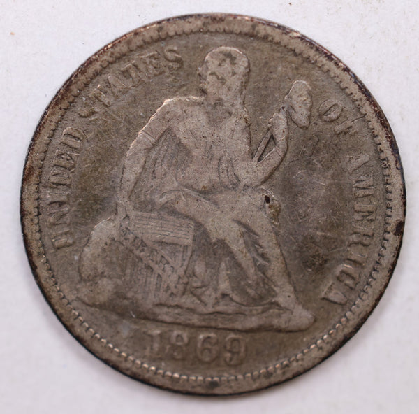 1869 Seated Liberty Dime, Collectible Circulated Coin, Store Sale #DE733.