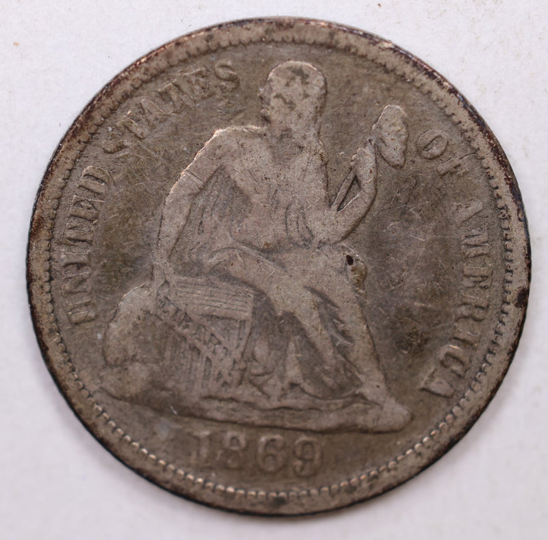 1869 Seated Liberty Dime, Collectible Circulated Coin, Store Sale