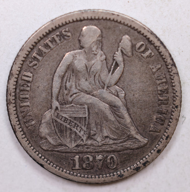 1870 Seated Liberty Dime, Collectible Circulated Coin, Store Sale