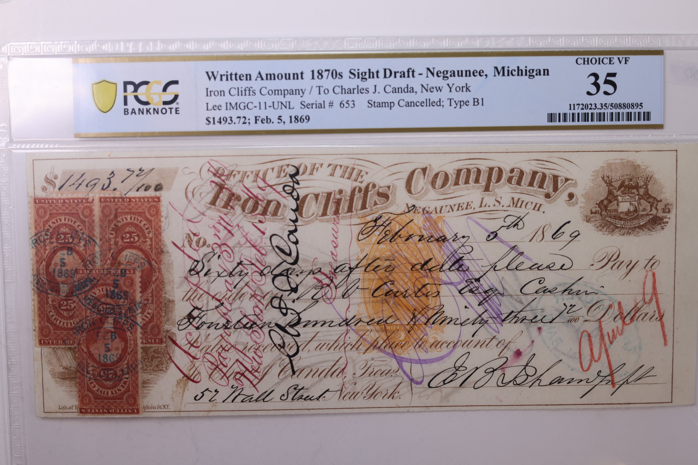 1869 $1,693.72., Negaunee, MICH., Sight Draft., Obsolete Currency., PCGS VF-35., Store #GMI068