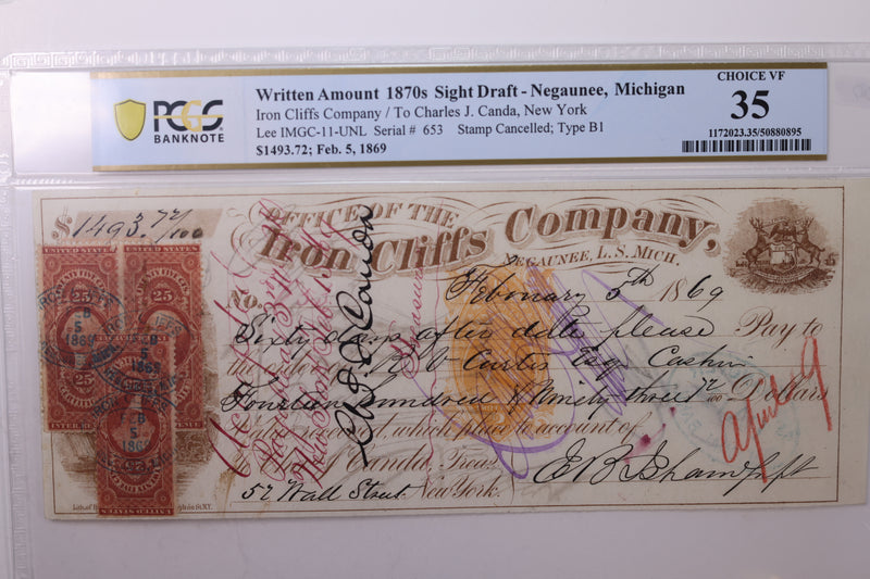 1869 $1,693.72., Negaunee, MICH., Sight Draft., Obsolete Currency., PCGS VF-35., Store