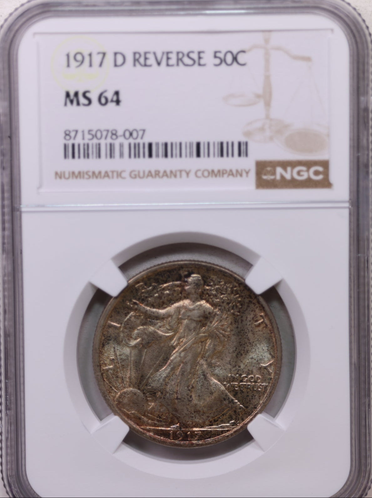 1917-D Walking Liberty Half Dollar, Reverse Mint Mark, NGC MS-64. Store #GHR122.
