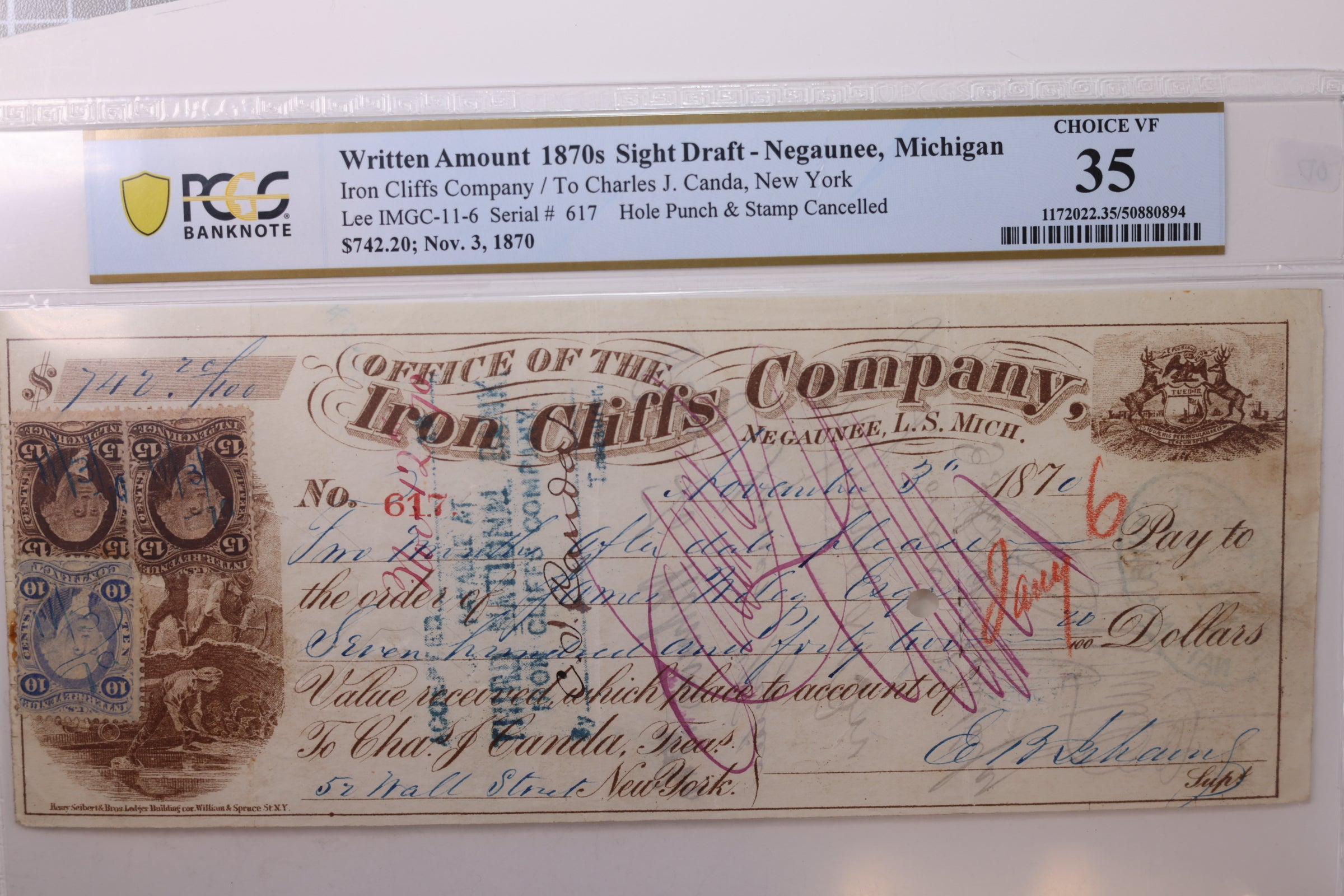 1870 $742.20., Negaunee, MICH., Sight Draft., Obsolete Currency., PCGS VF-35., Store #GMI069