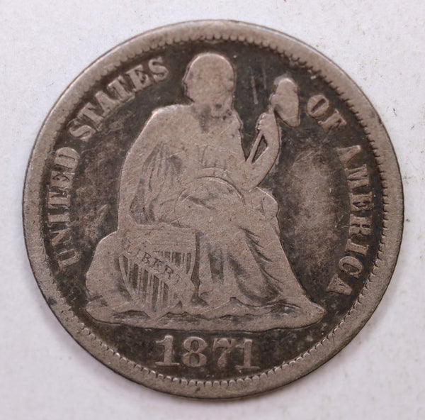 1871 Seated Liberty Dime, Collectible Circulated Coin, Store Sale #DE737.