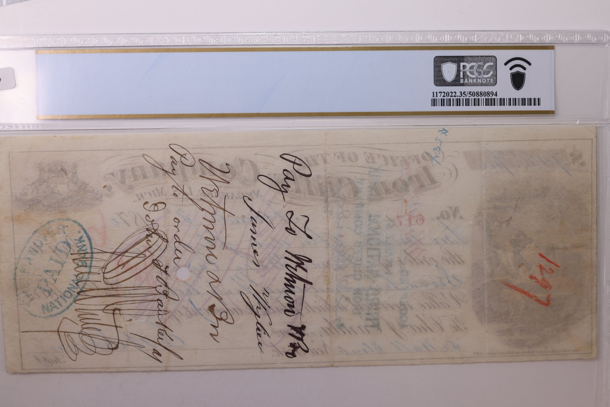 1870 $742.20., Negaunee, MICH., Sight Draft., Obsolete Currency., PCGS VF-35., Store #GMI069