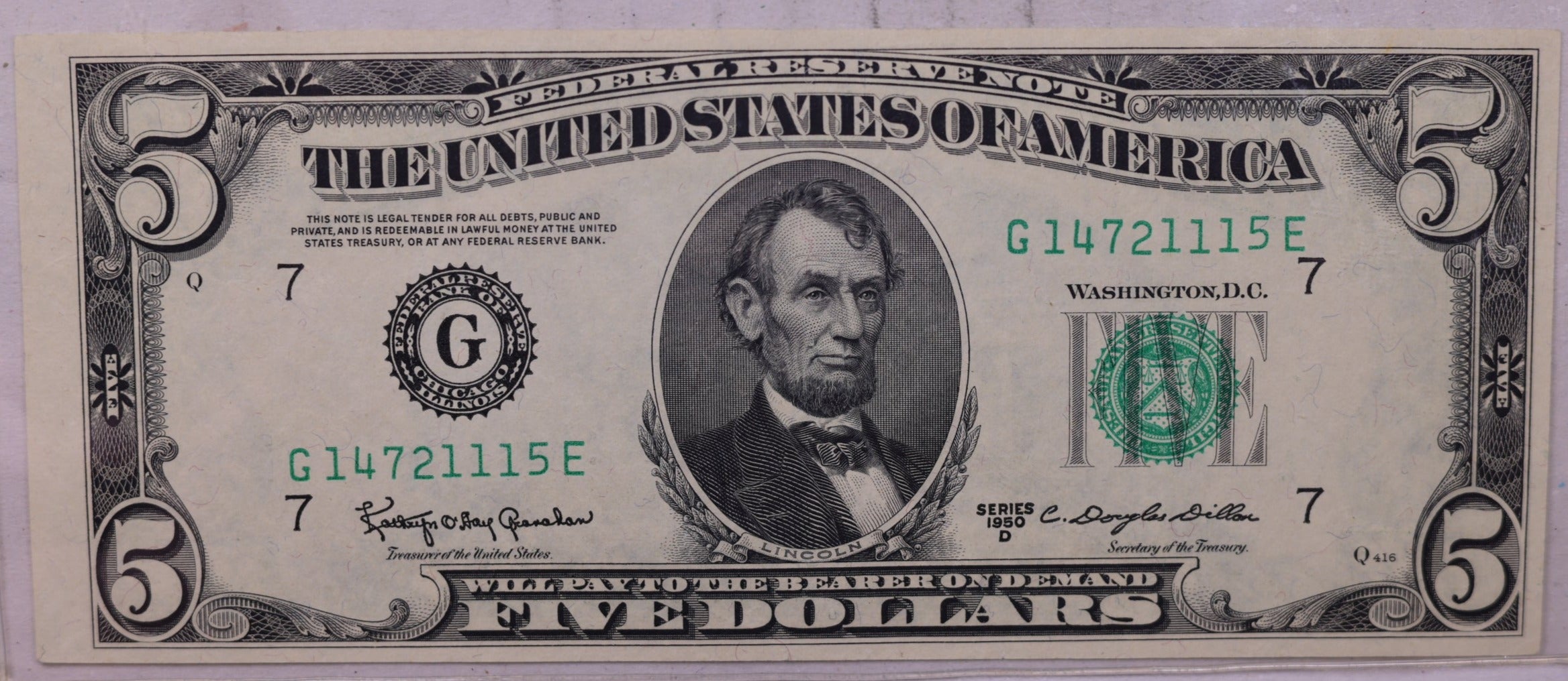 1950 D, $5., 'G', Federal Reserve Note., Crisp Uncirculated., Store #0744