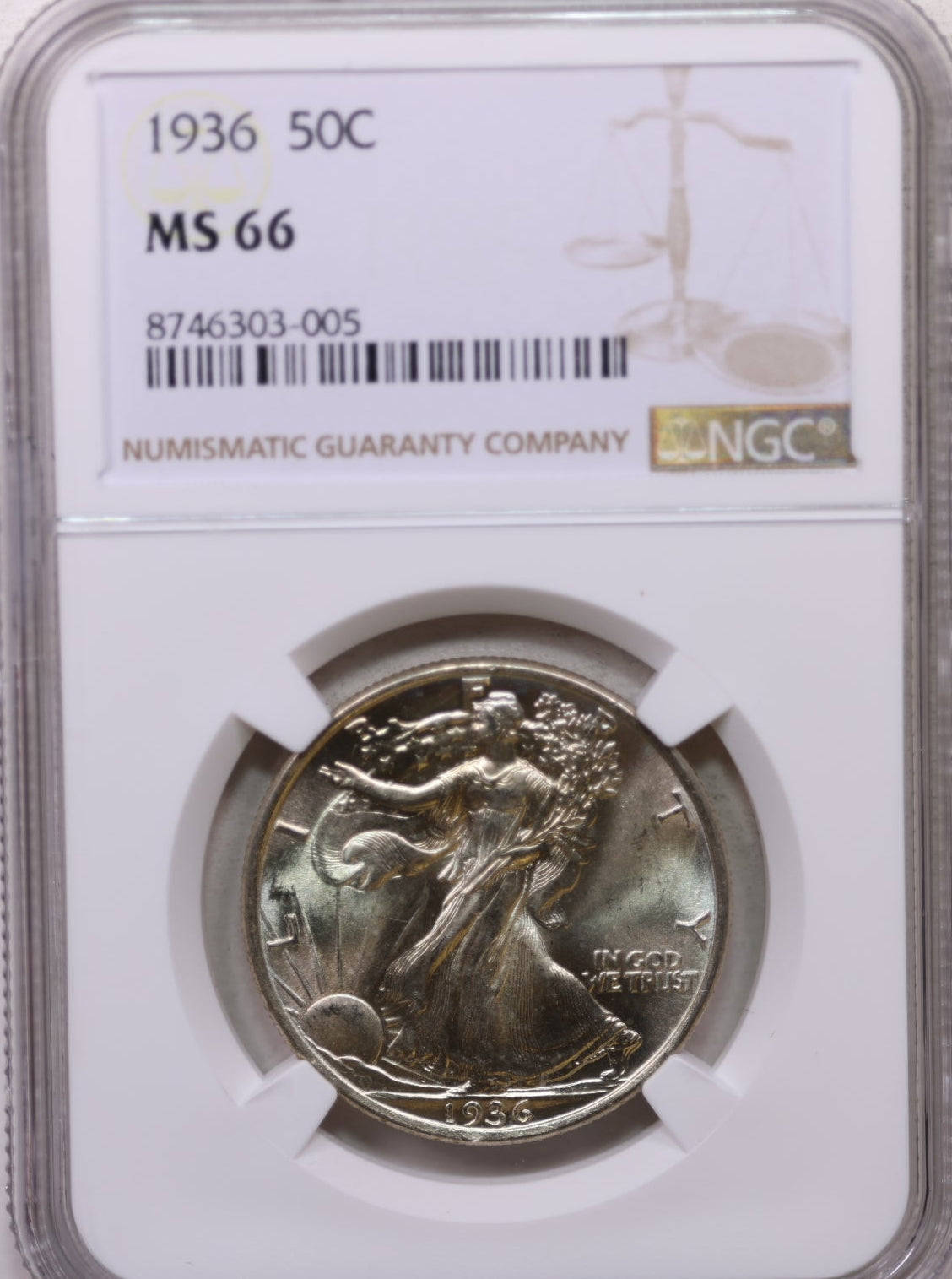 1936 Walking Liberty Silver Half Dollar, Mint State, NGC MS-66. Store #GHR123.
