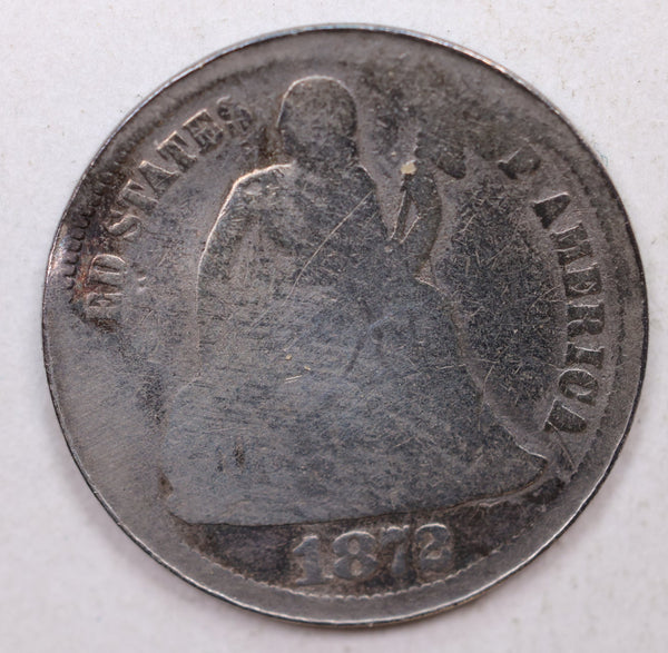 1872 Seated Liberty Dime, Collectible Circulated Coin, Store Sale #DE739.