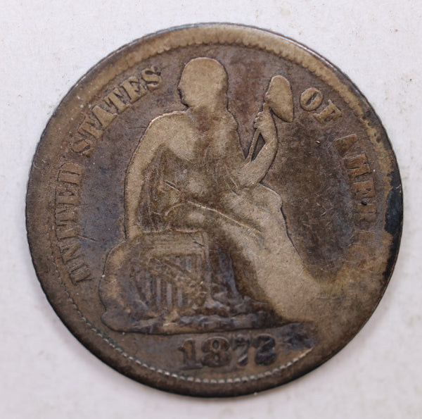 1872-CC Seated Liberty Dime, Collectible Circulated Coin, Store Sale #DE740.
