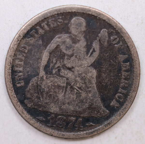 1874 Seated Liberty Dime, Circulated Coin, Store Sale #DE747.